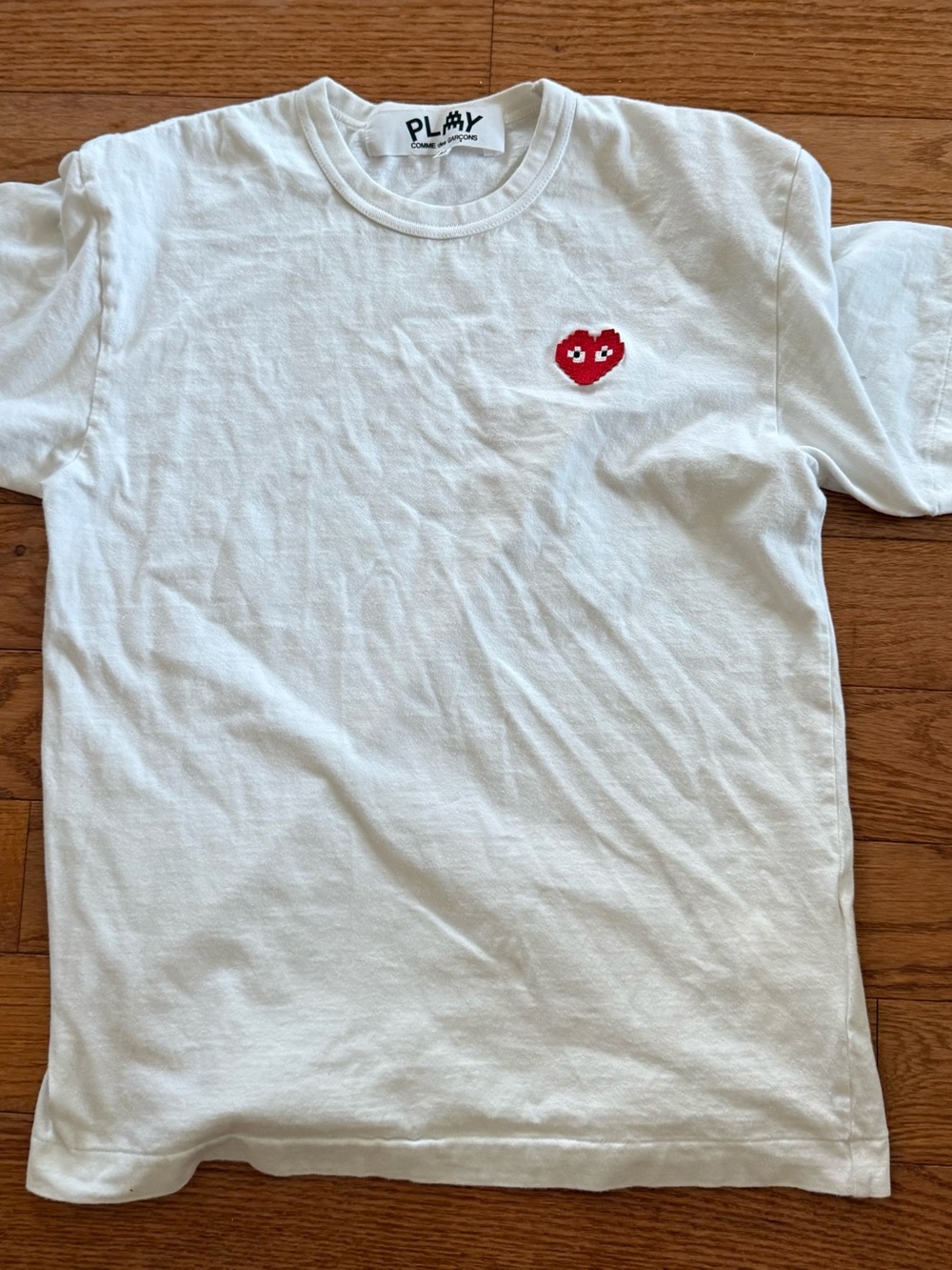 Comme Des Garcons Play White Cotton T-Shirt Md Short Sleeve Crew Neck Heart Logo